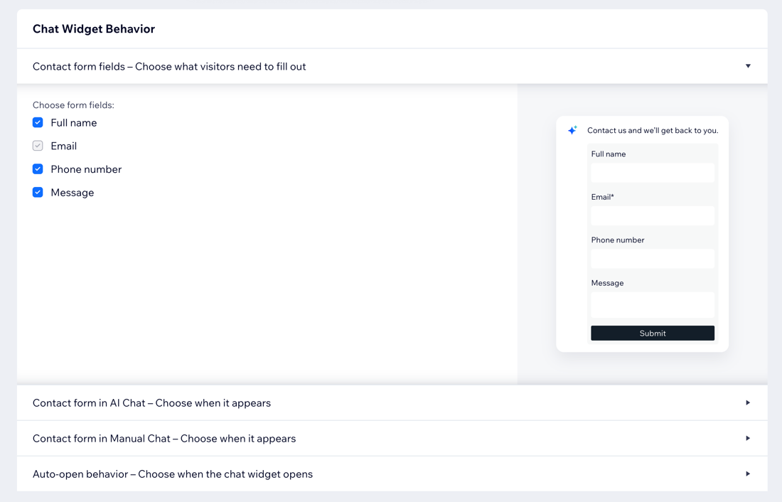 A screenshot of the Chat Widget Behavior settings in Wix Smart Chat.