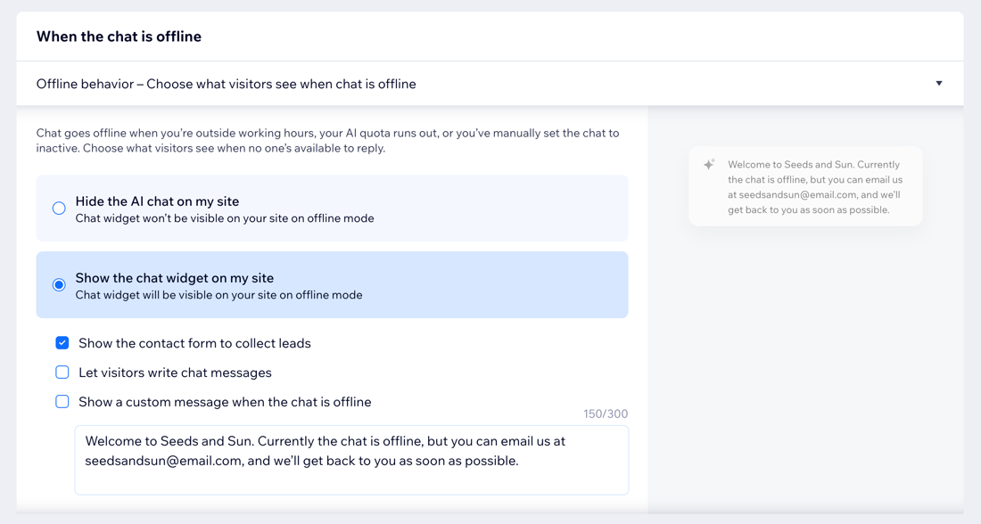 A screenshot of the chat's offline behavior settings in Wix Smart Chat.
