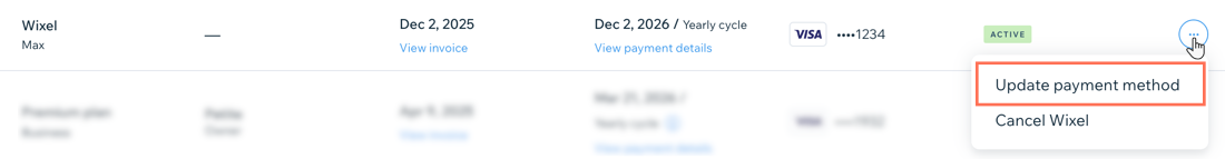 A screenshot of updating the payment method for a Wixel plan.