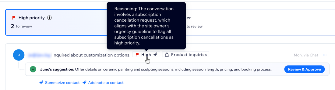 A screenshot showing the AI reasoning for a high priority conversation in the Front Desk Agent dashboard.