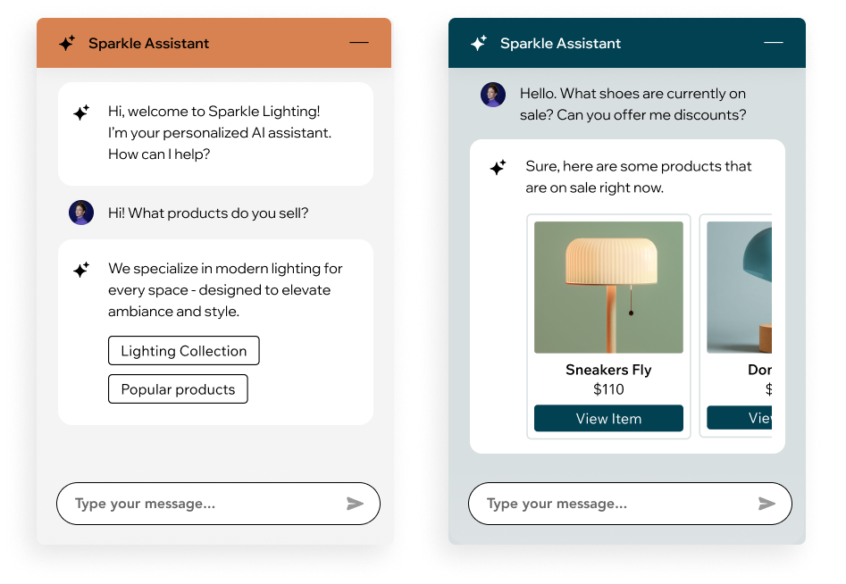 2 screenshots side by side showing different design options for Wix Smart Chat.