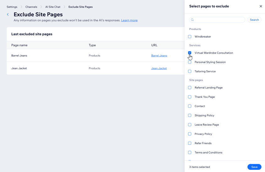A screenshot of selecting pages to exclude.