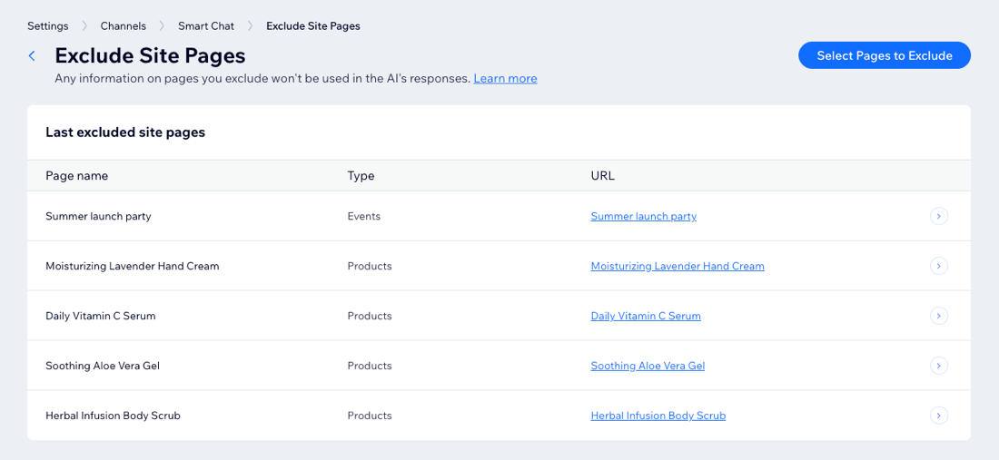 A screenshot of the Exclude Site Pages page in Wix Smart Chat.