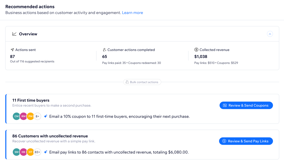 A screenshot of the Recommended Actions section in the Front Desk Agent.