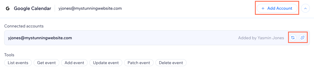 A screenshot of the tools to manage an external integration on the Integrations page.