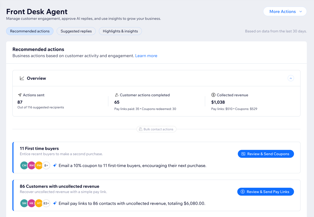 A screenshot of the Front Desk Agent dashboard