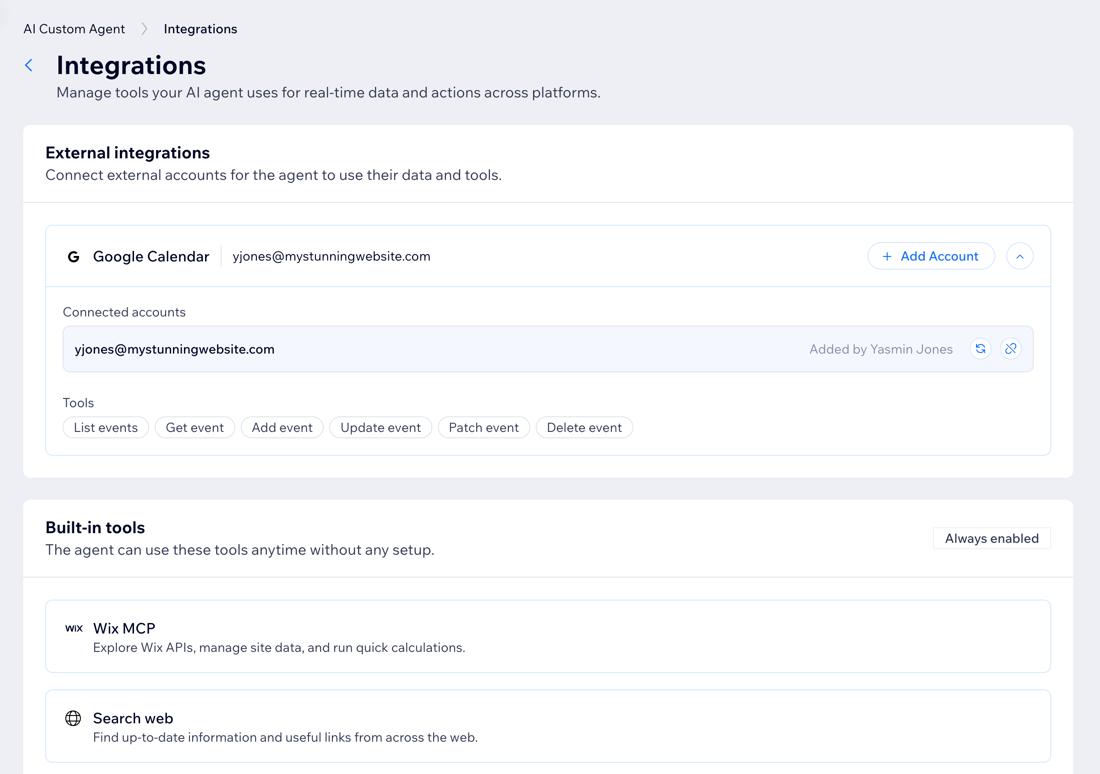 A screenshot of the Integrations page in the AI Custom Agent.