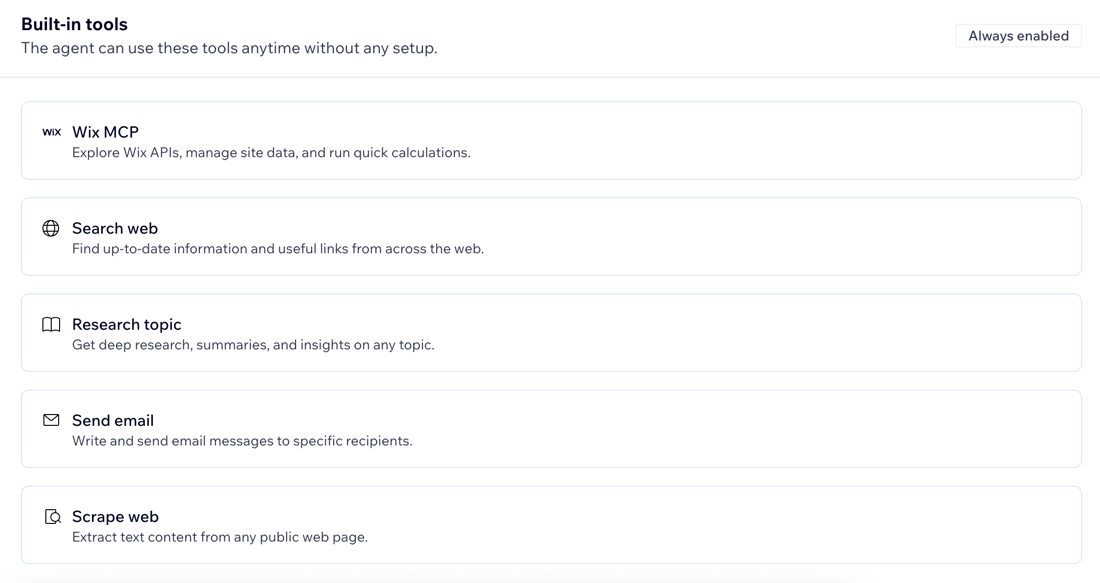 A screenshot of the built-in tools section on the Integrations page.
