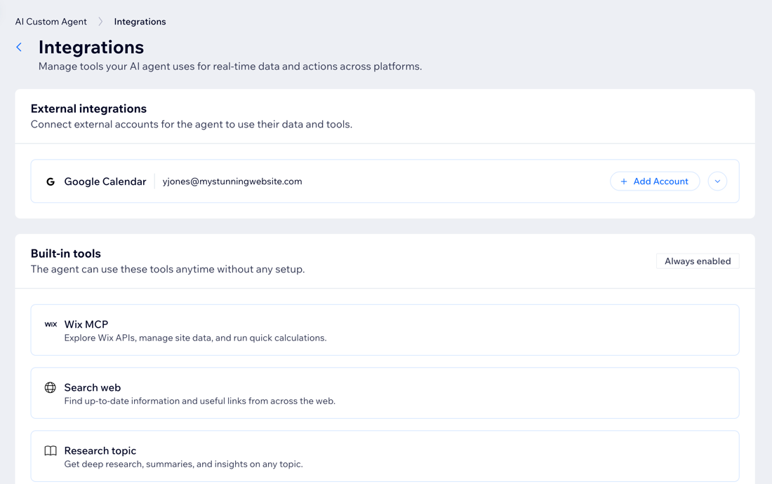 A screenshot of the Integrations page in the AI Custom Agent.
