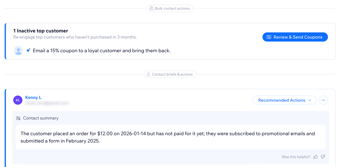 A screenshot of recommended actions in the Front Desk Agent dashboard.