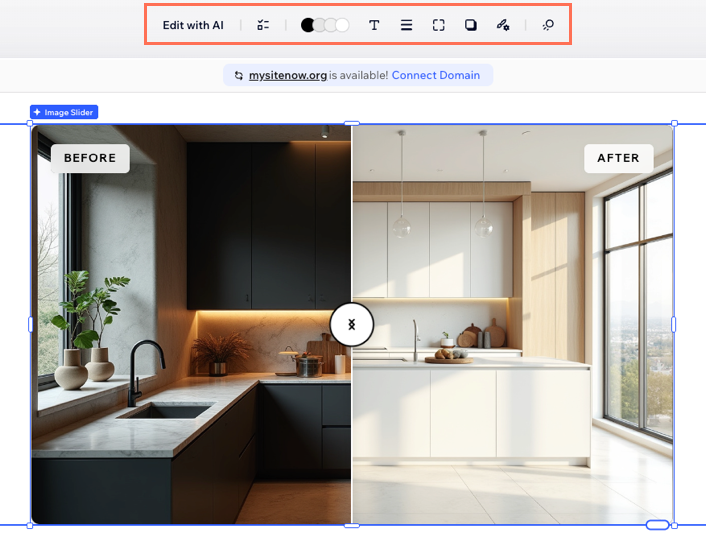 A screenshot of the options in the action bar highlighted in the Wix Harmony Editor.