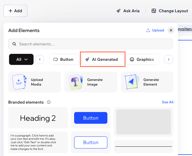 A screenshot of the AI Generated element button highlighted in the Add Elements panel of the Wix Harmony Editor.