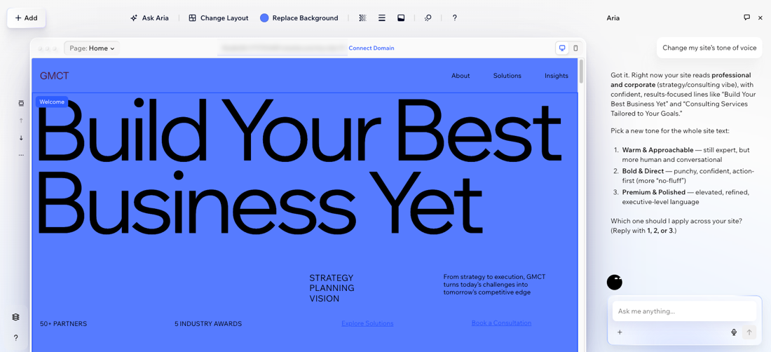 A screenshot of an open chat with Aria in the Wix Harmony Editor.