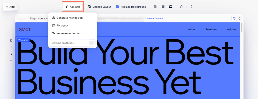 A screenshot highlighting the Ask Aria button in the Wix Harmony Editor.