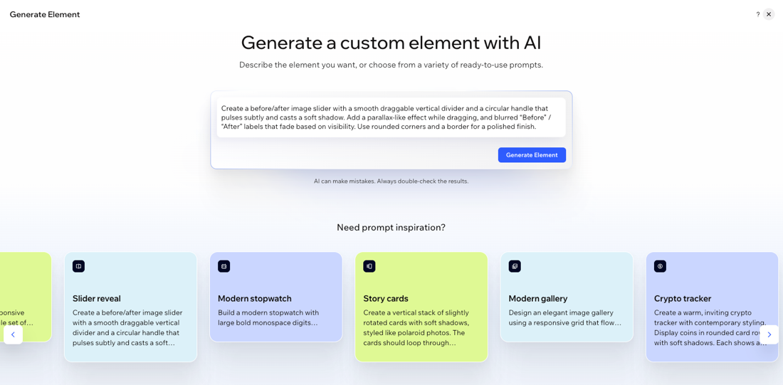 A screenshot of the Generate Element screen in the Wix Harmony Editor.