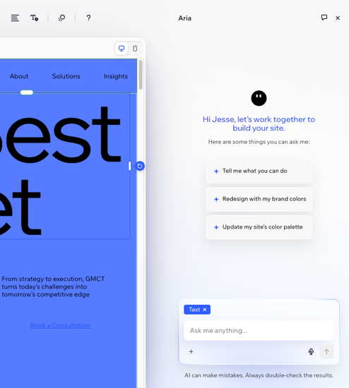 A screenshot of Aria in the Wix Harmony Editor.