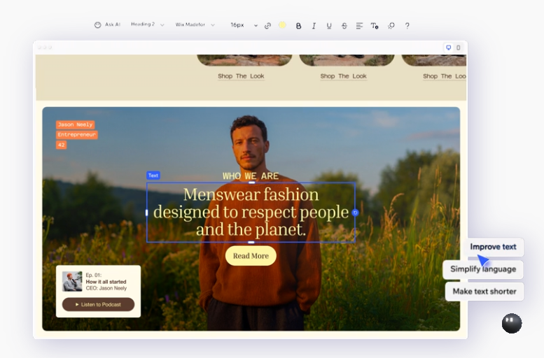 A marketing screenshot of the Ask Aria options in a Wix Harmony site.