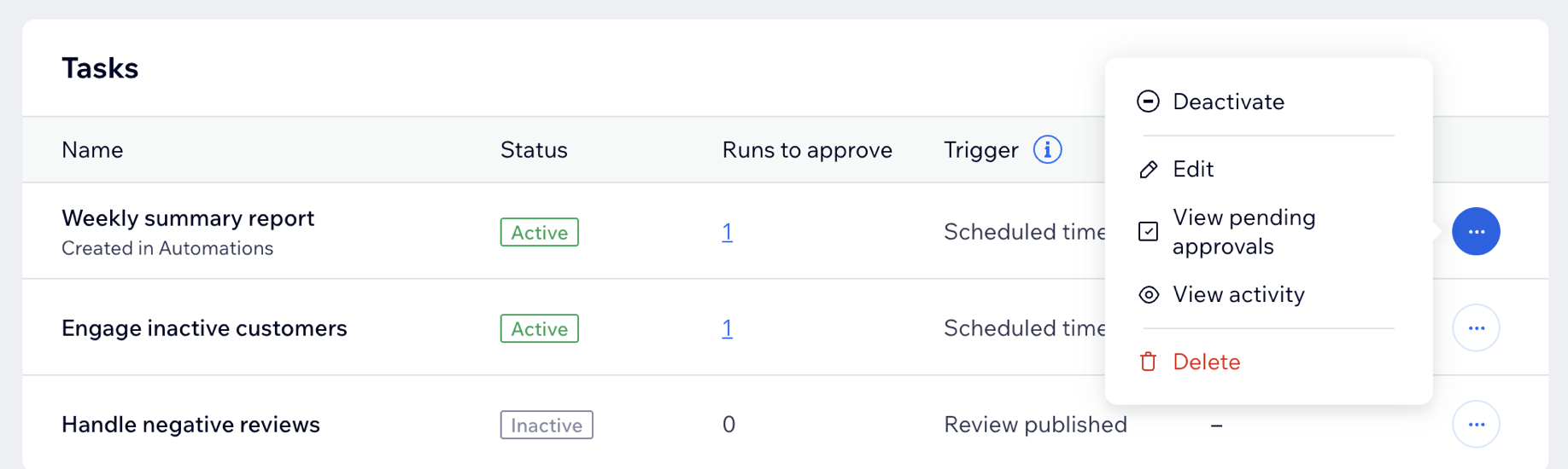 A screenshot of the task options in the Custom Agent dashboard.