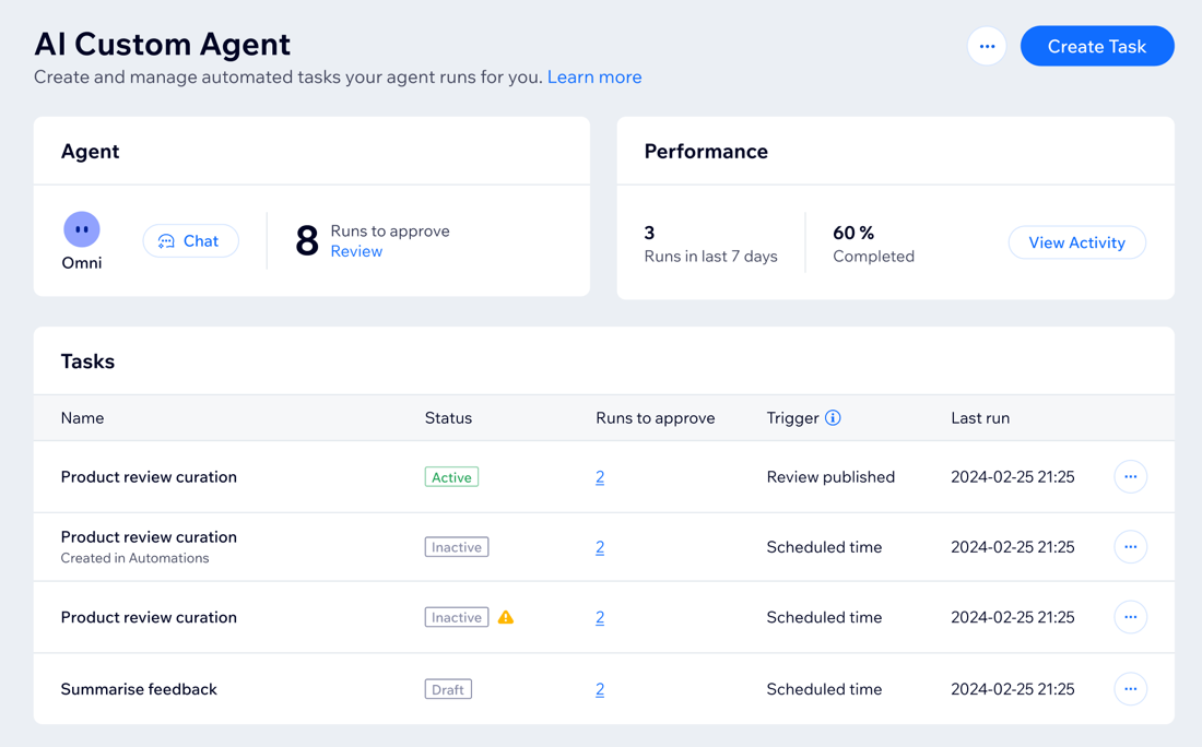 A screenshot of the AI Custom Agent dashboard.