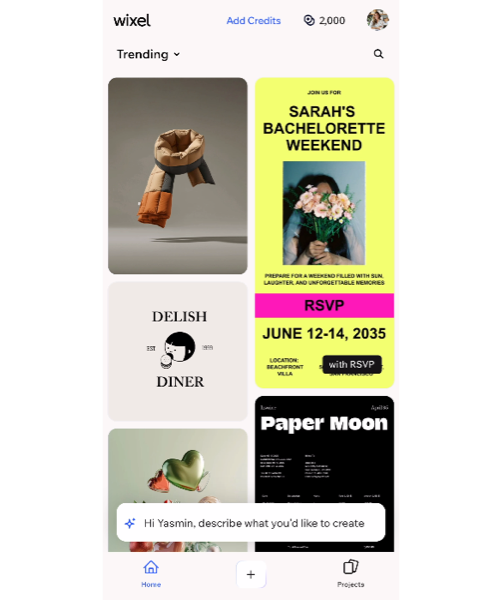 A screenshot of the Wixel home tab in the mobile app.