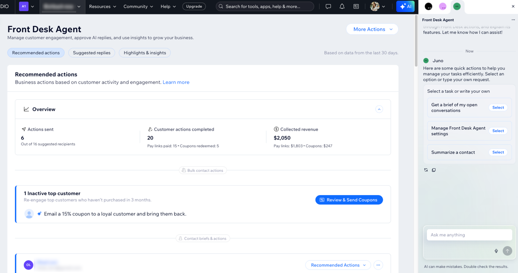 A screenshot of a chat with Juno in the dashboard.