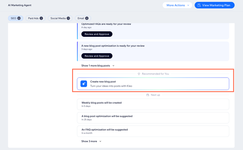A screenshot of the Create new blog post button in the AI Marketing Agent dashboard.