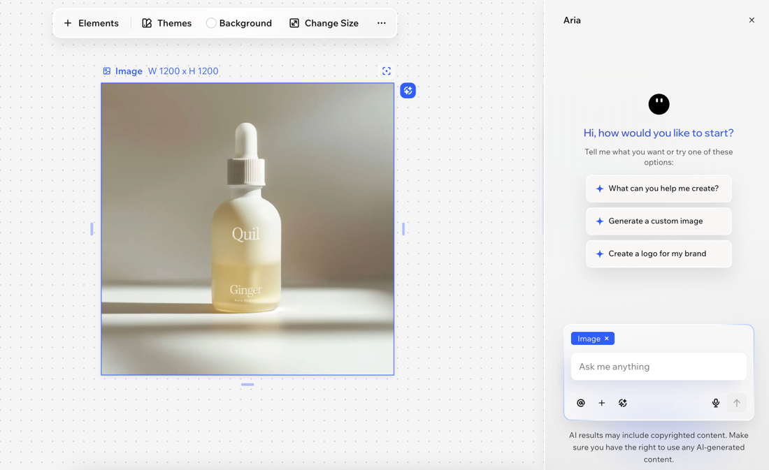 A screenshot of the Aria chat in a Wixel project.