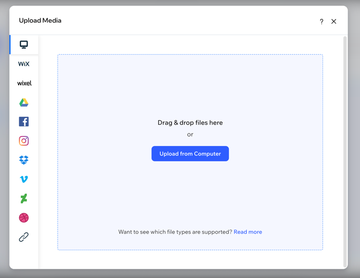 Captura de pantalla de la carga de archivos multimedia en el administrador de multimedia de Wixel.
