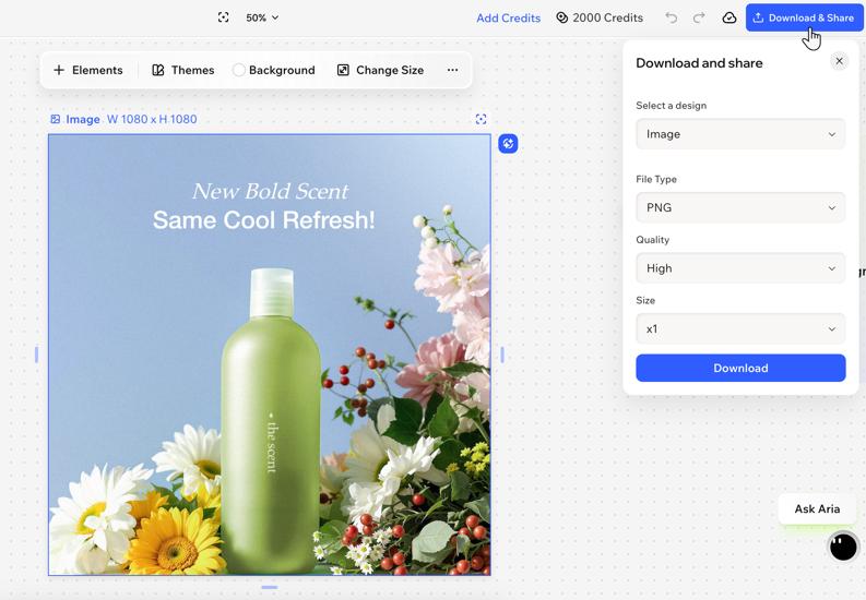 Wixel의 다운로드 및 공유 옵션 스크린샷