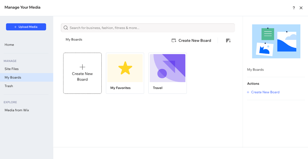 Captura de pantalla de la carpeta de tableros en el administrador de multimedia de Wixel.