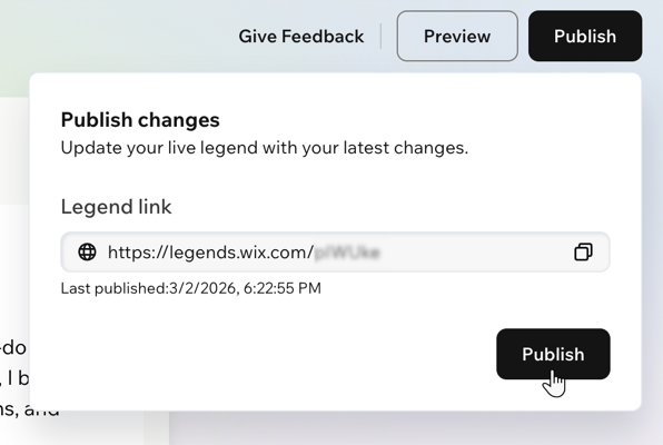A screenshot of the publish window in Wix Legends.
