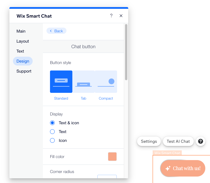 A screenshot of the Design tab of the Wix Smart Chat widget settings in the Wix Editor.