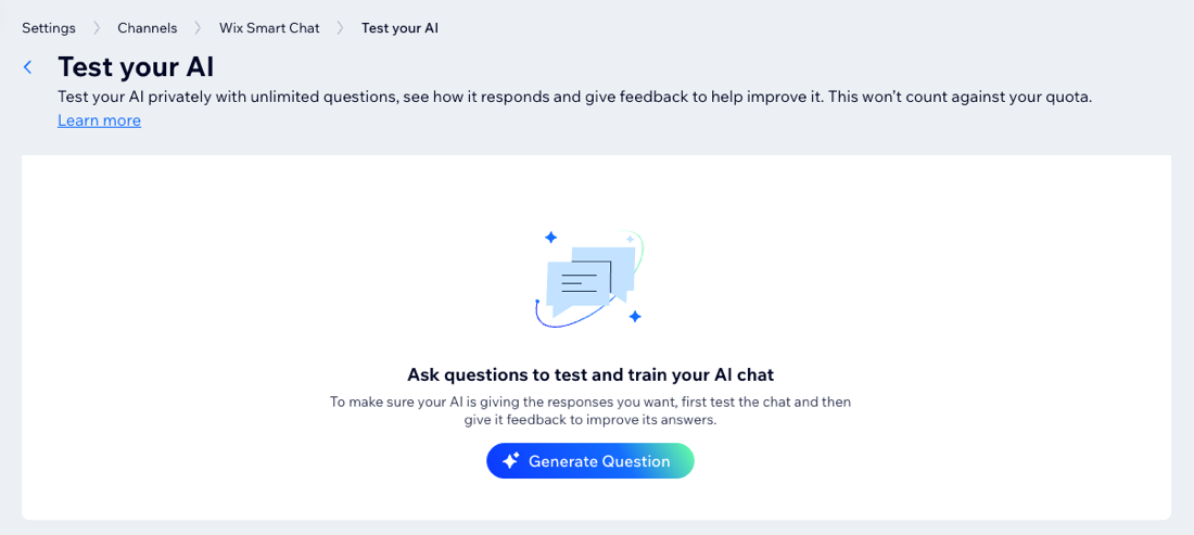 A screenshot of the Test Your AI screen in Wix Smart Chat.