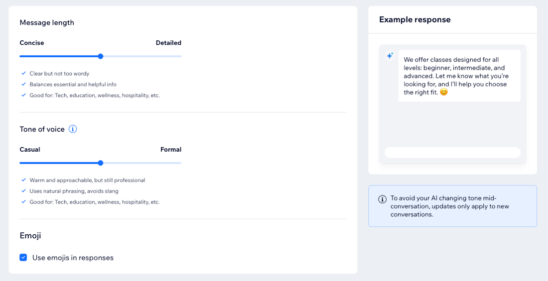 A screenshot of the message length and tone of voice settings in Wix Smart Chat.
