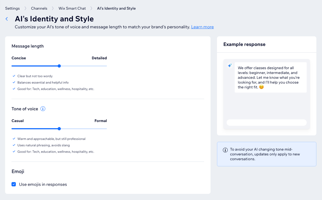 A screenshot of the AI's Identity and Style page in Wix Smart Chat.