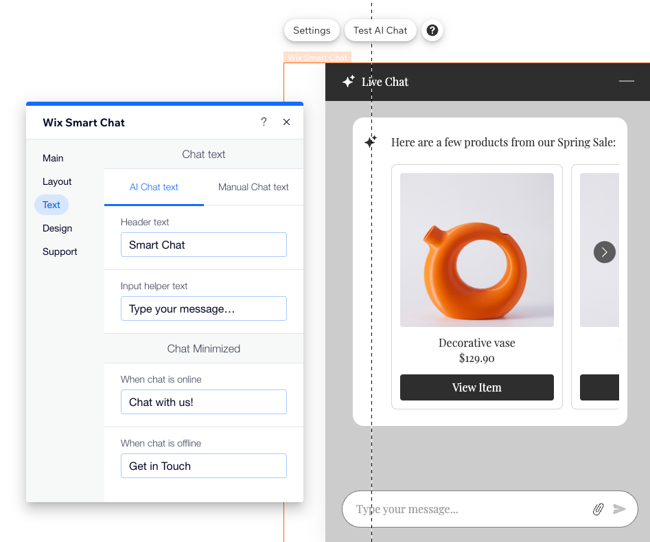 A screenshot of the Text tab of the Wix Smart Chat widget settings in the Wix Editor.
