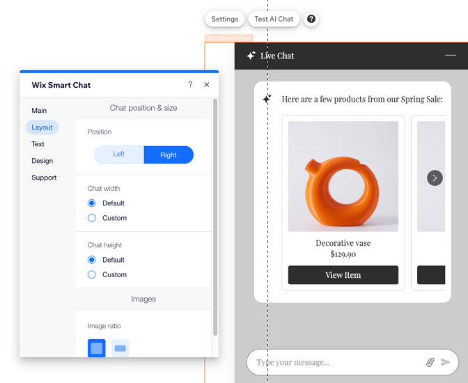 A screenshot of the Layout tab of the Wix Smart Chat widget settings in the Wix Editor.