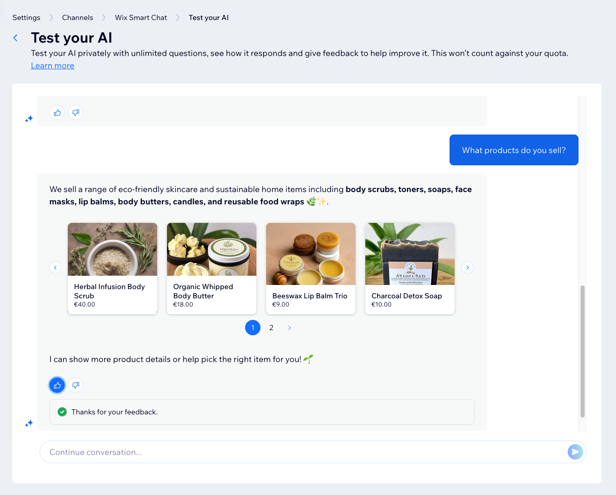 A screenshot of testing Wix Smart Chat in the testing environment.