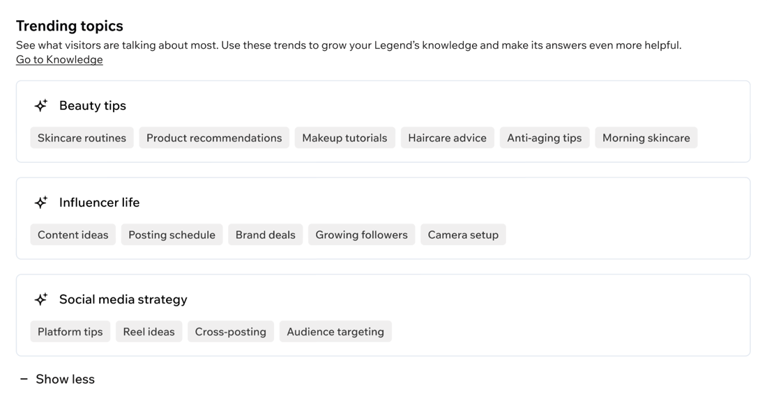 A screenshot of the trending topics section in Wix Legends.
