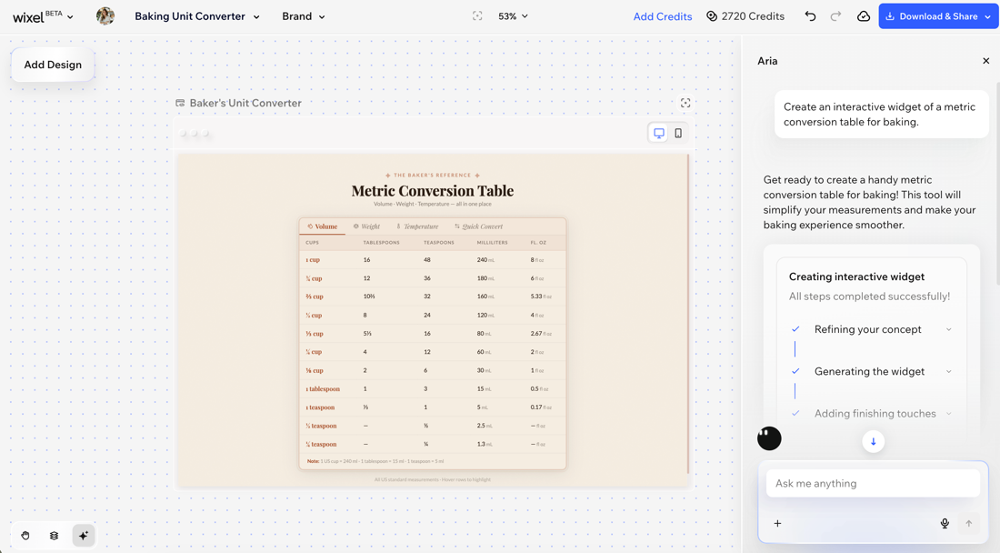 Uno screenshot della generazione di un widget con Aria.