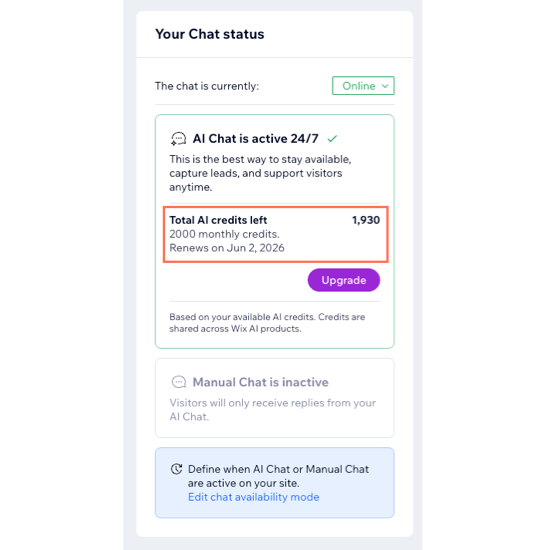 Screenshot della sezione Stato della chat del Pannello di controllo della Smart Chat
