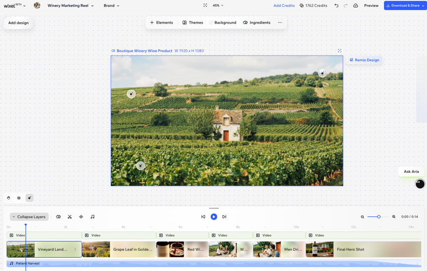 Wixel で、生成された動画を編集している様子を示したスクリーンショット。