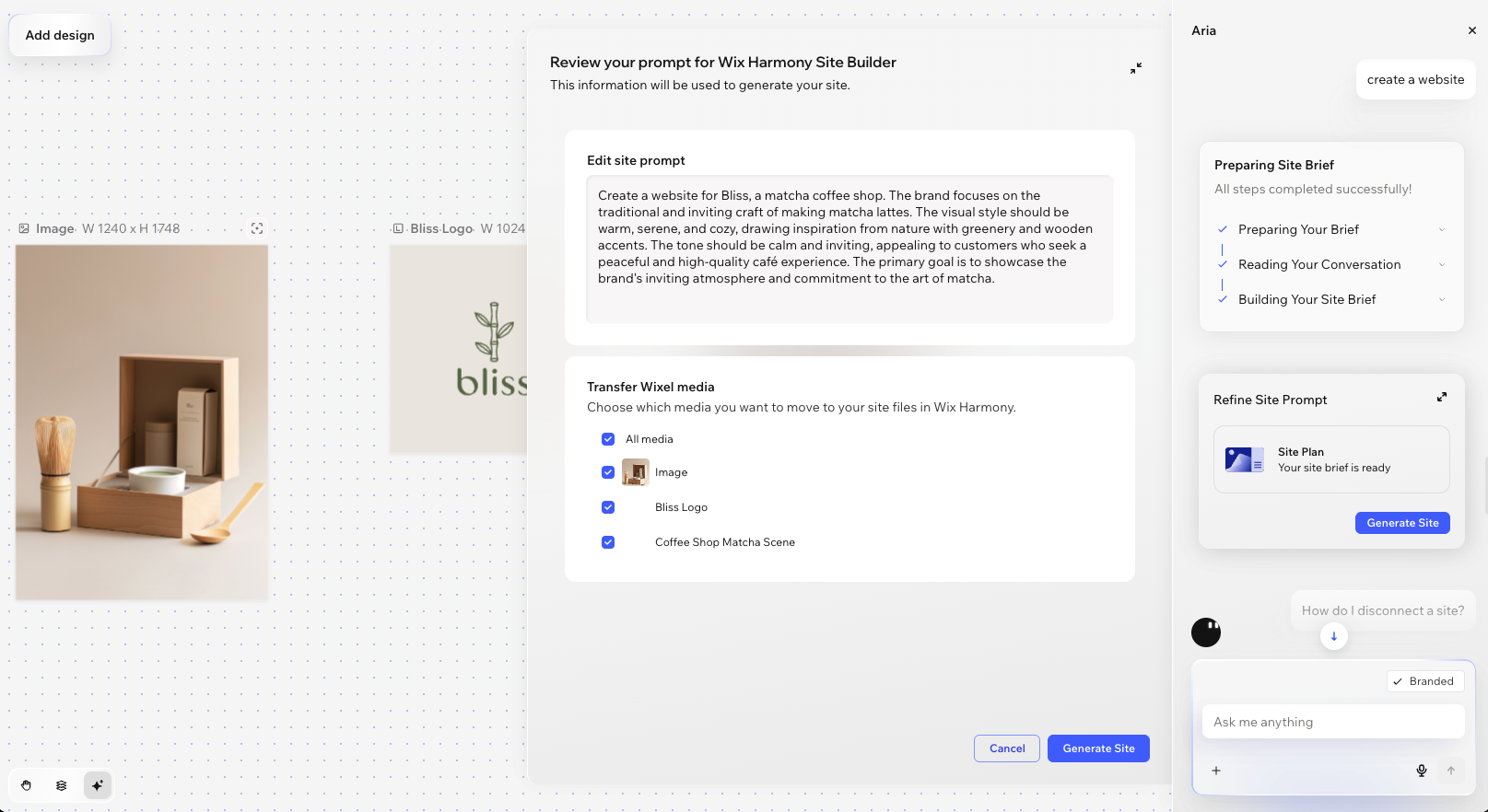 A screenshot of generating a site in Wixel.