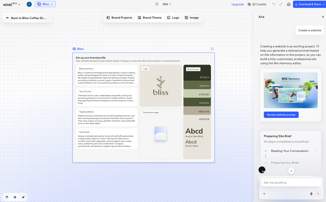 A screenshot of generating a site through the brand workspace.