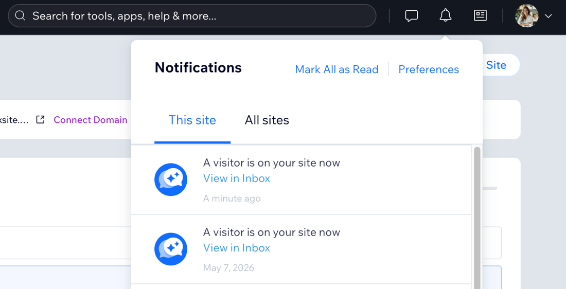 A screenshot of a notification in the Wix dashboard showing a visitor is on your site now.