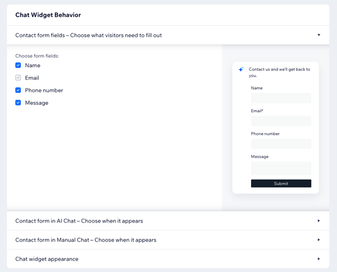 Uma captura de tela das configurações de comportamento do widget do chat no Wix Smart Chat.