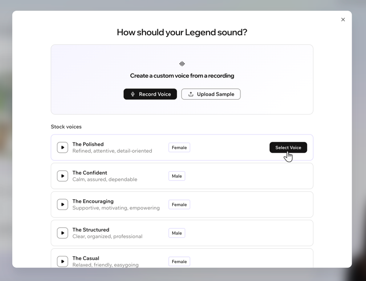 A screenshot of the voice options in the Appearance tab in Wix Legends.