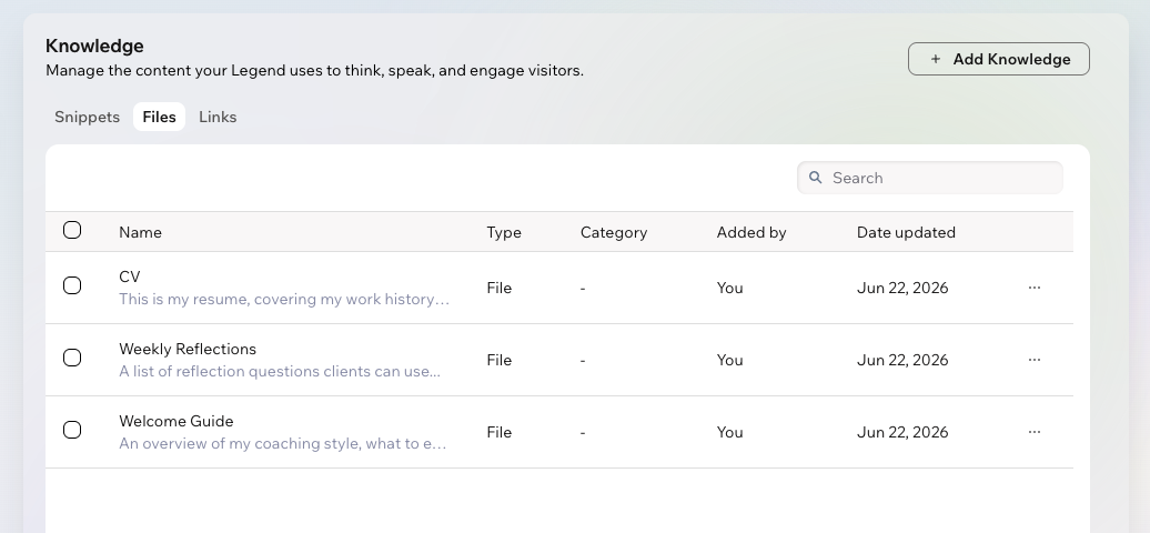 A screenshot of files in the Knowledge tab in Wix Legends.