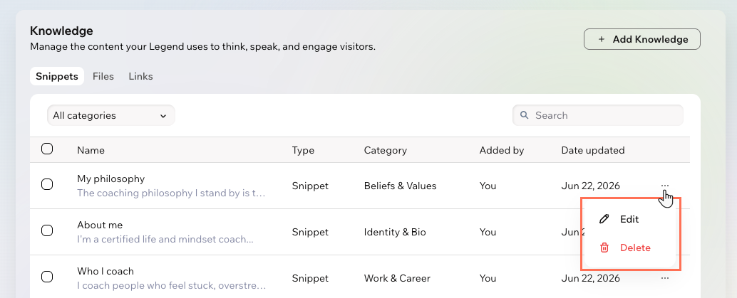 A screenshot of the manage options for snippets in the Knowledge tab of Wix Legends.