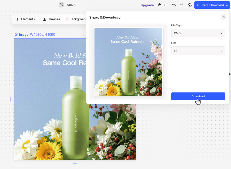 A screenshot of the download options for an image in Wixel.
